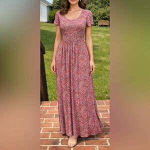 VIISHOW Floral Paisley Print Short Sleeve Pockets Maxi Dress Women’s Size XS